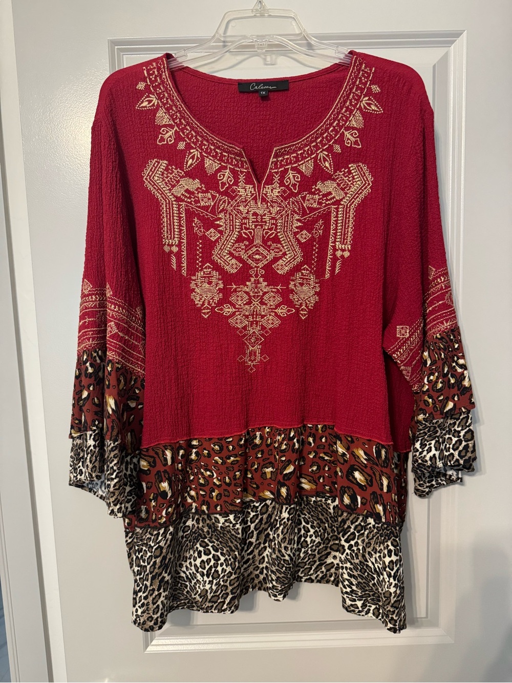 Calessa Red Embroidered Mixed-Print Tunic Top